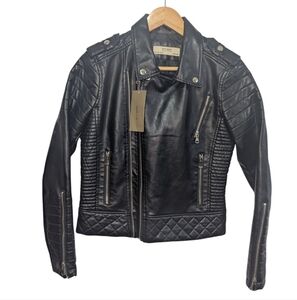 AFTF Basic Outerwear Black Quilted Faux Leather Biker Jacket Size Large